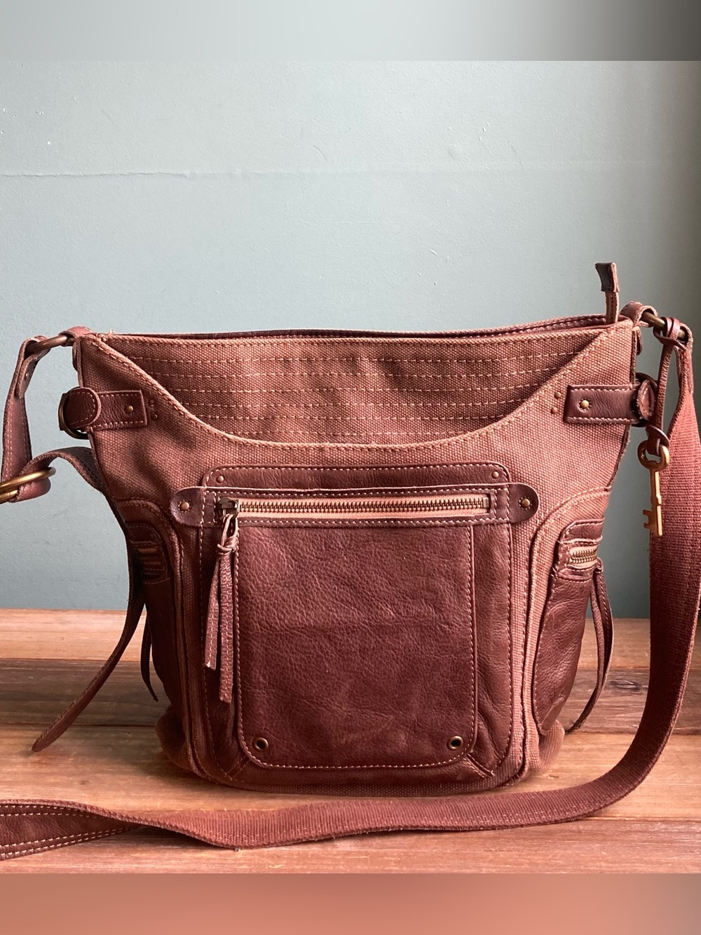 Vintage Fossil 1954 Leather and Canvas Utility Crossbody Bag